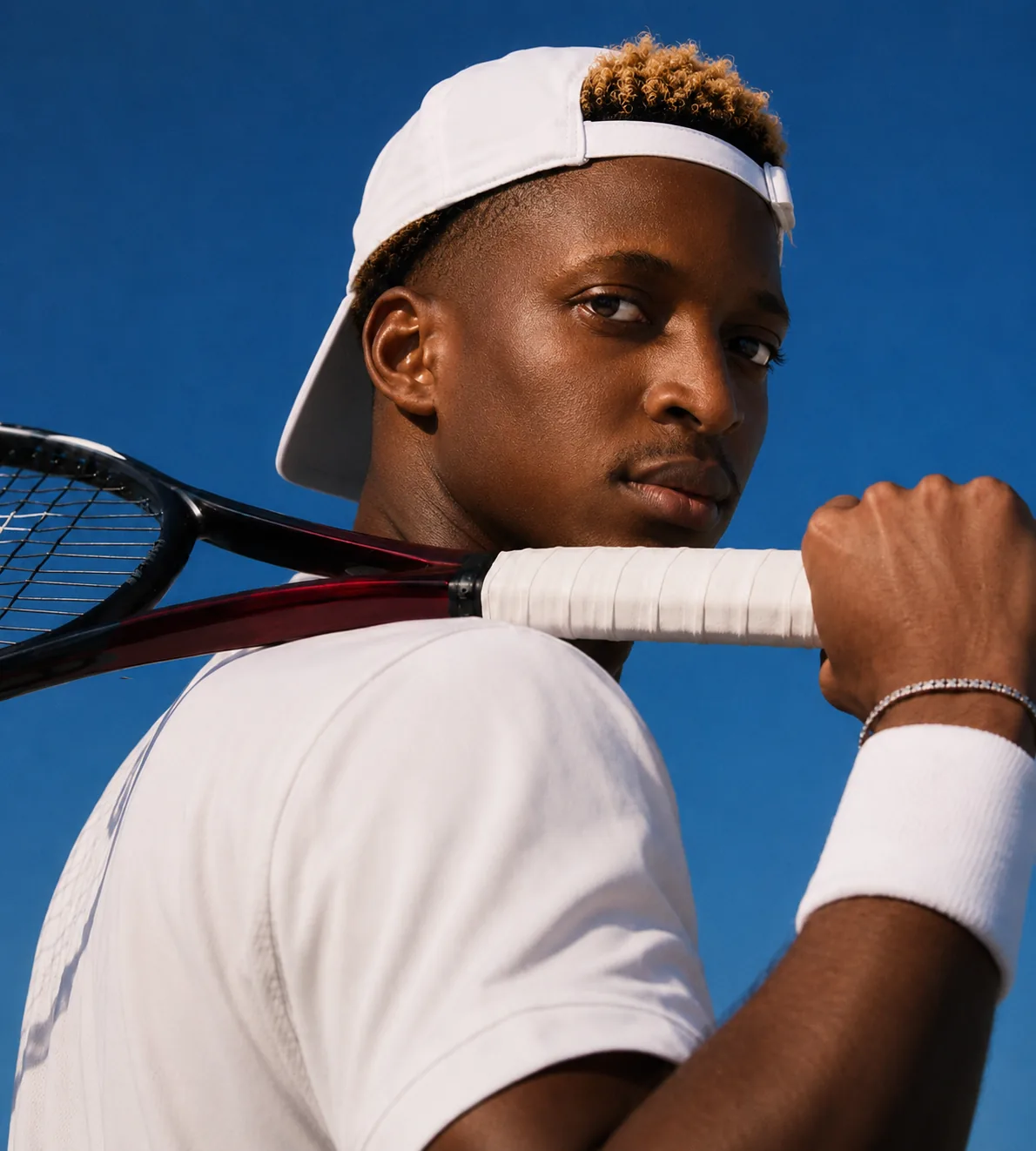 Adewale holding a tennis racket against a blue sky